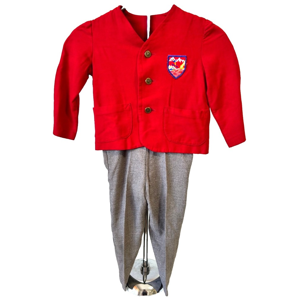 VTG Childrens Red Alpine Ski Crest Blazer Gray Suspender Pants 2pc Set 2T-3T EUC